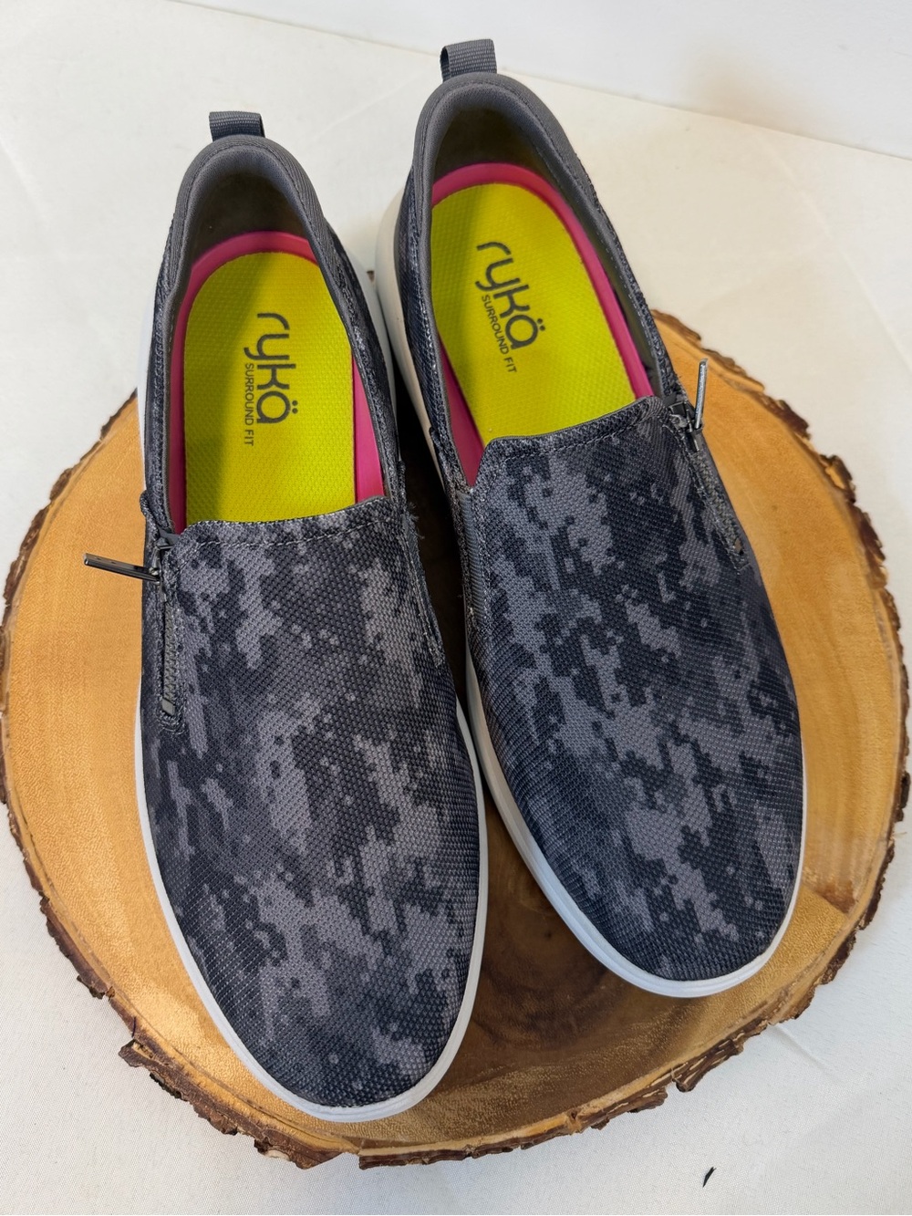 Ryka Ally Slip-On Sneakers grey camo zip detail white sole Women’s Size 10